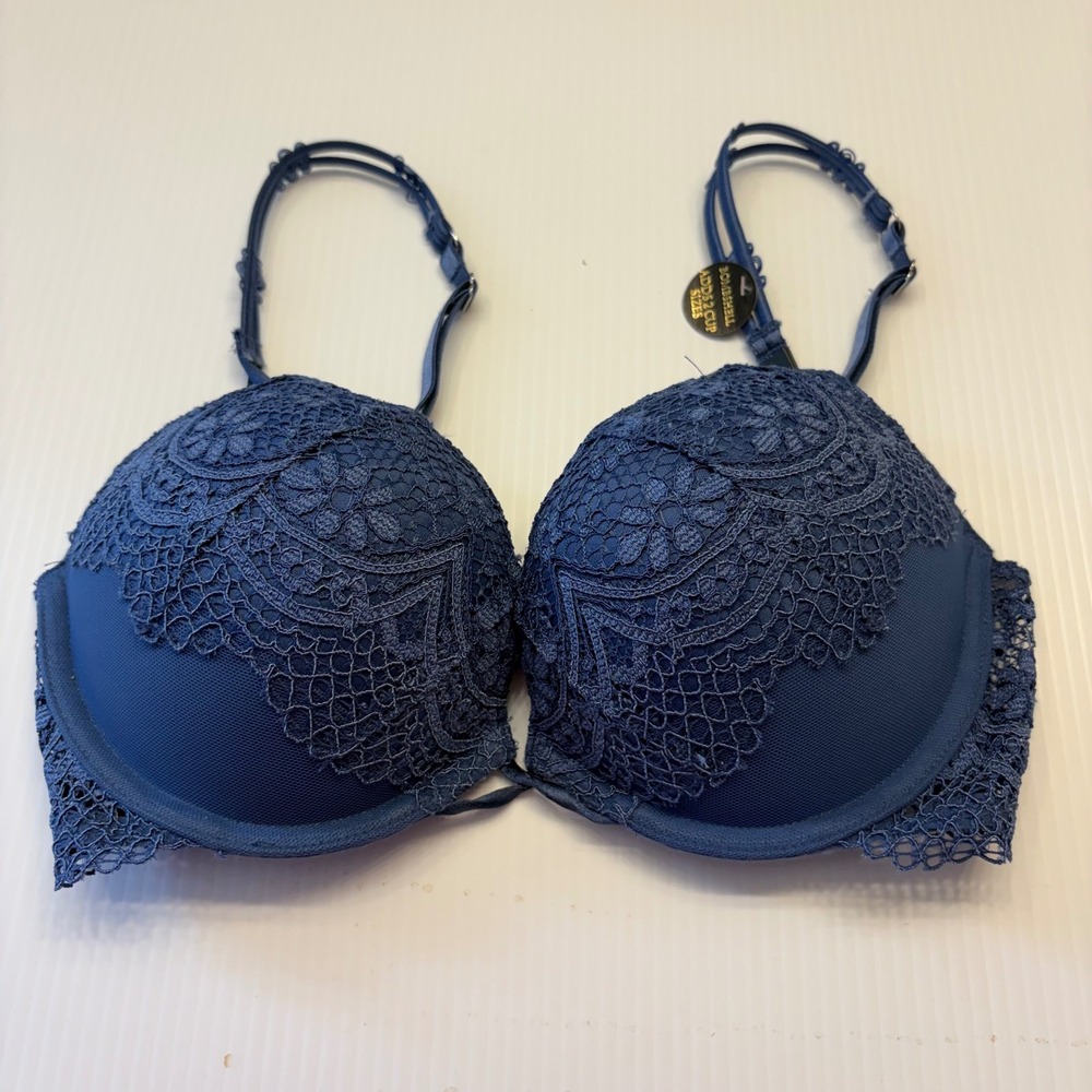 Victoria's Secret Bombshell Plunge Bra Womens 32C Blue Lace Add-2-Cups‎  NEW